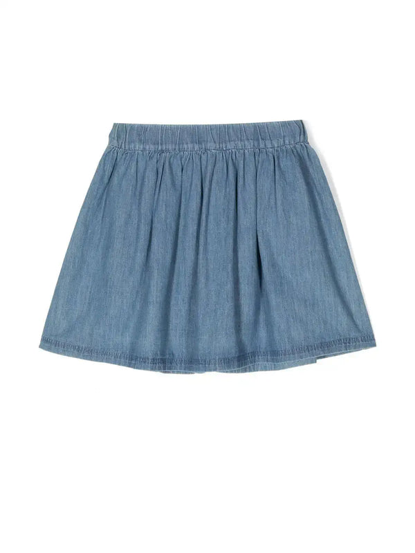 Charming Blue Denim Button-Front Skirt with Teddy Embroidery