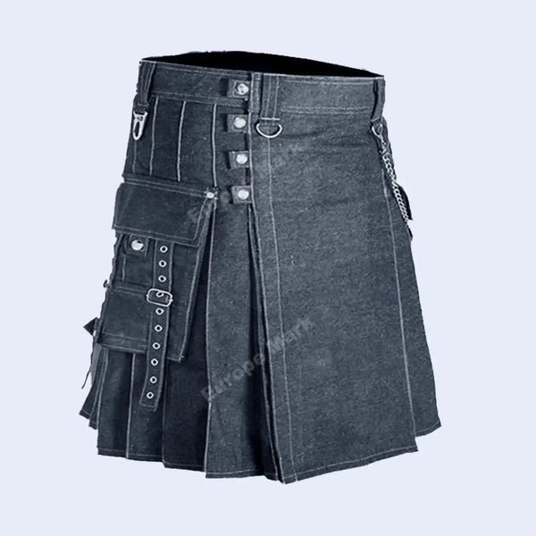 Dark Indigo Denim Youth Kilt with Silver Hardware 