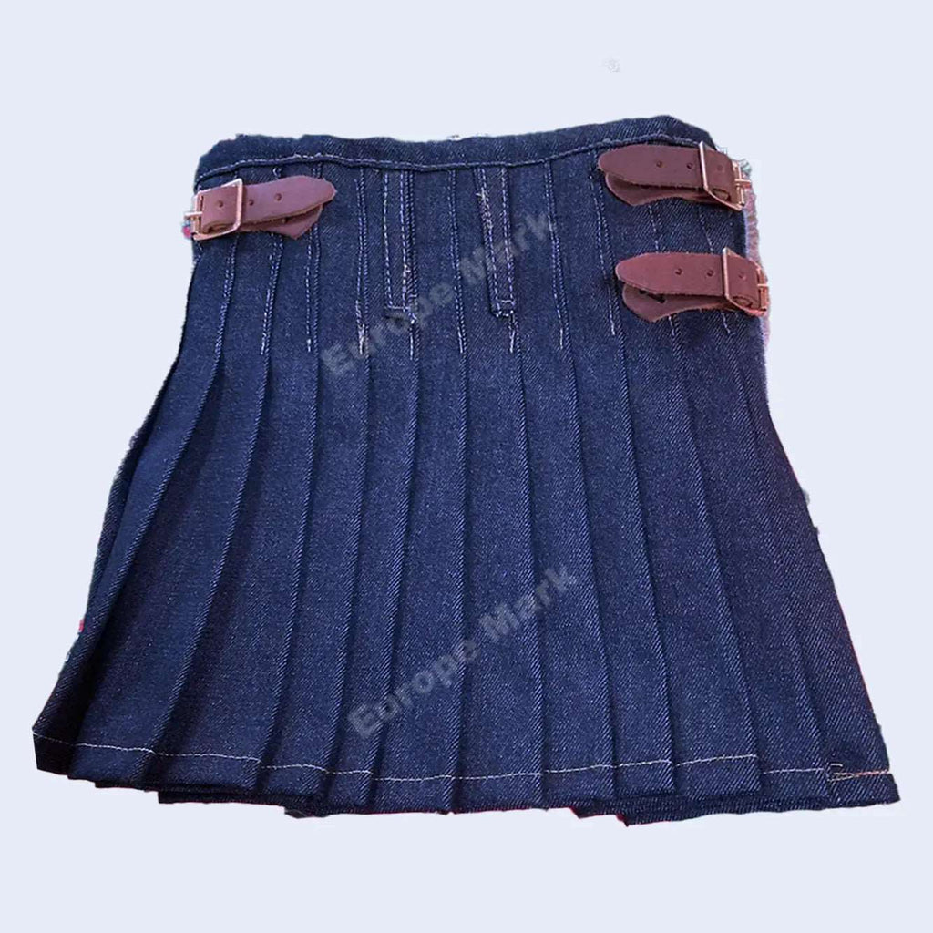 Navy Denim Kilt with Leather Straps 1