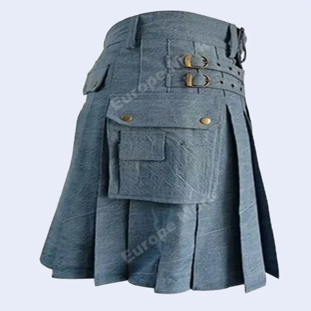 Slate Grey Denim Youth Kilt with Brass Buckles