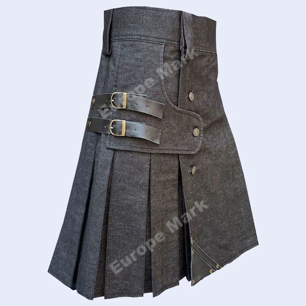 Black denim leather strip kilt