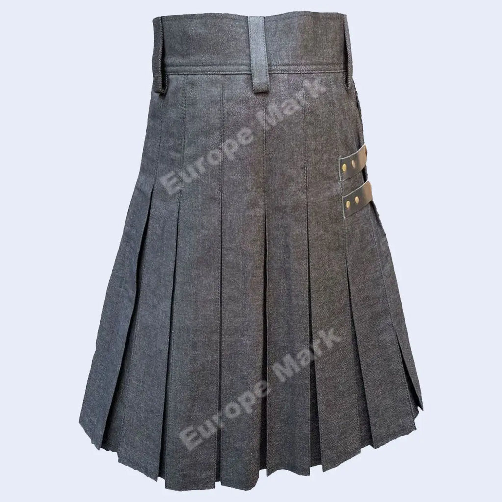 black denium leather strip kilt 1