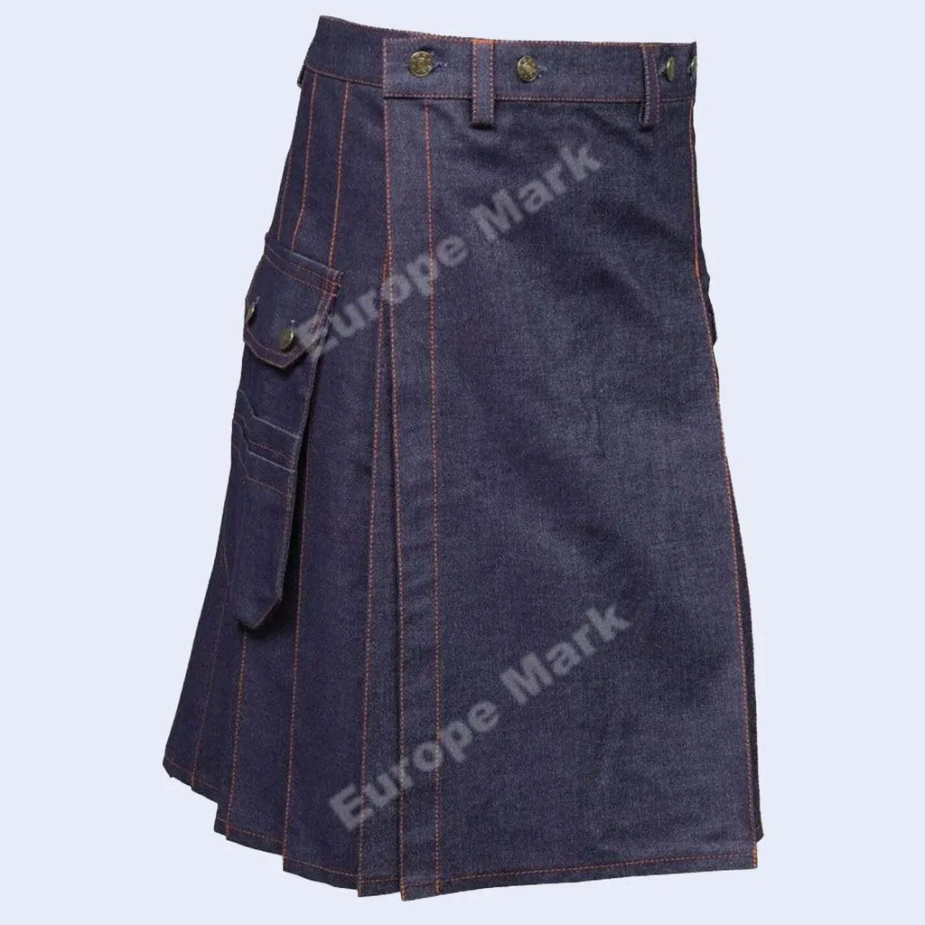 Blue denim kilt with red thread 2