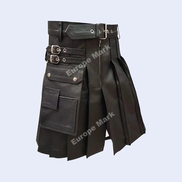 Men genuine black leather gladiator pleated utility larp costume 1