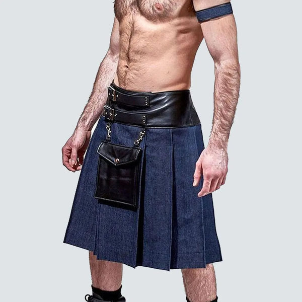 New style black leather denim kilt 