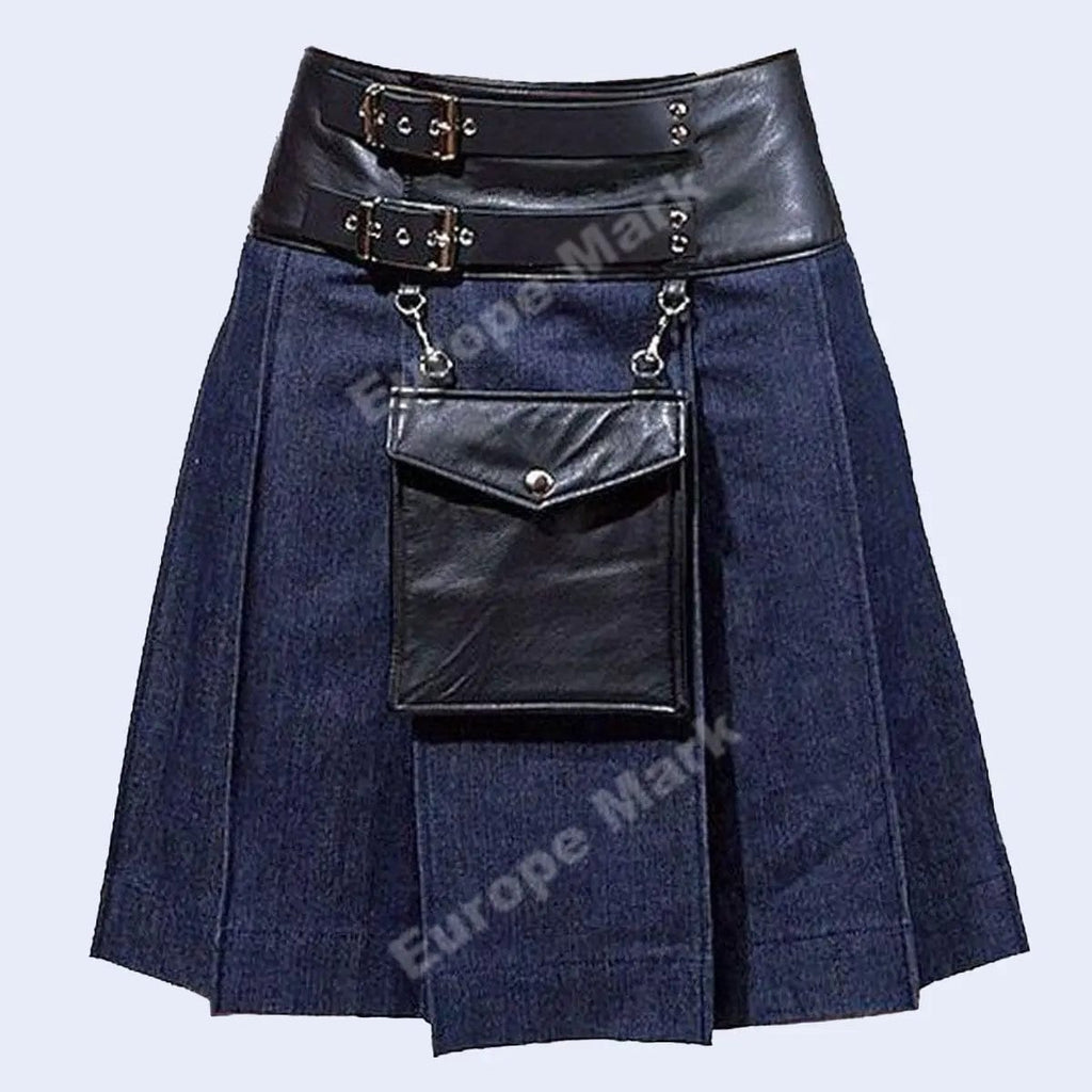 New style blak leather denium kilt 